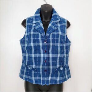 Anchor Blue Y2K Plaid Sleeveless Button-Front Collared Vest Preppy Retro Size M